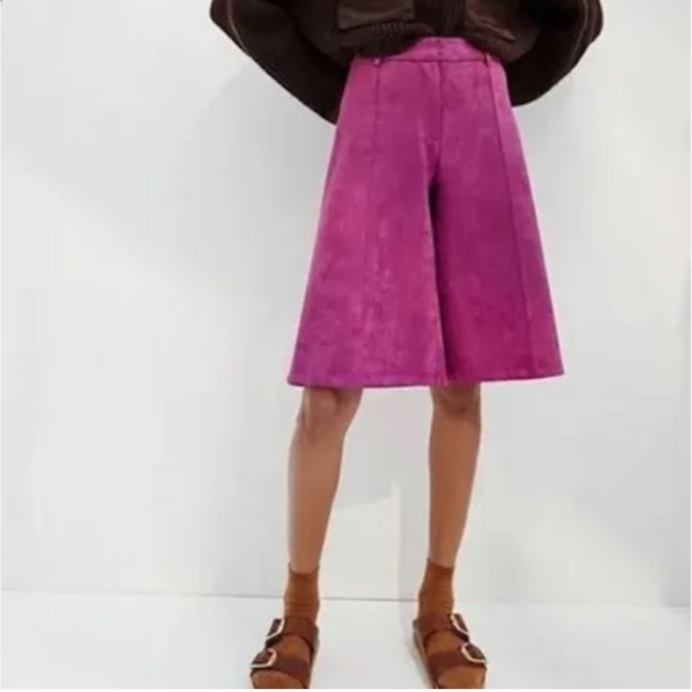 AVEC Les Filles Magenta High Waist Faux Suede Wide Leg Cropped Gaucho Pants S